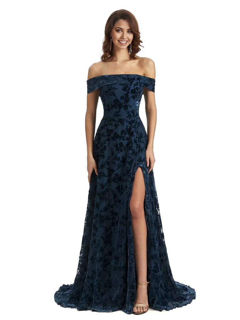 A-Line Off Shoulder Lace Velvet formal dresses evening gown Bridesmaid Dresses With Side Slit