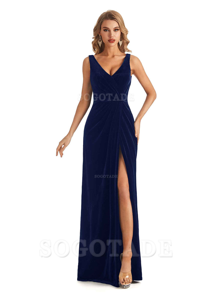 V-Neck Sexy Side Slit Spaghetti Straps Pleated Velvet Long Bridesmaid Dresses Formal Wear Dresses