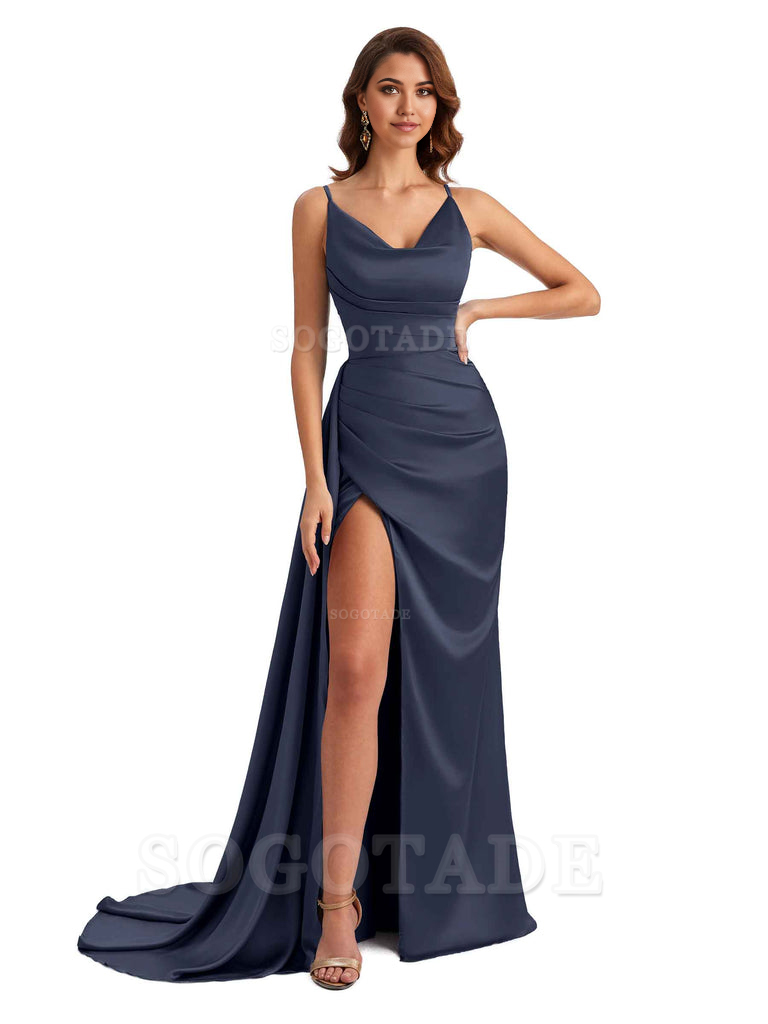 Mermaid Cowl Spaghetti Satin formal dresses evening gown Bridesmaid Dresses With Side Slit