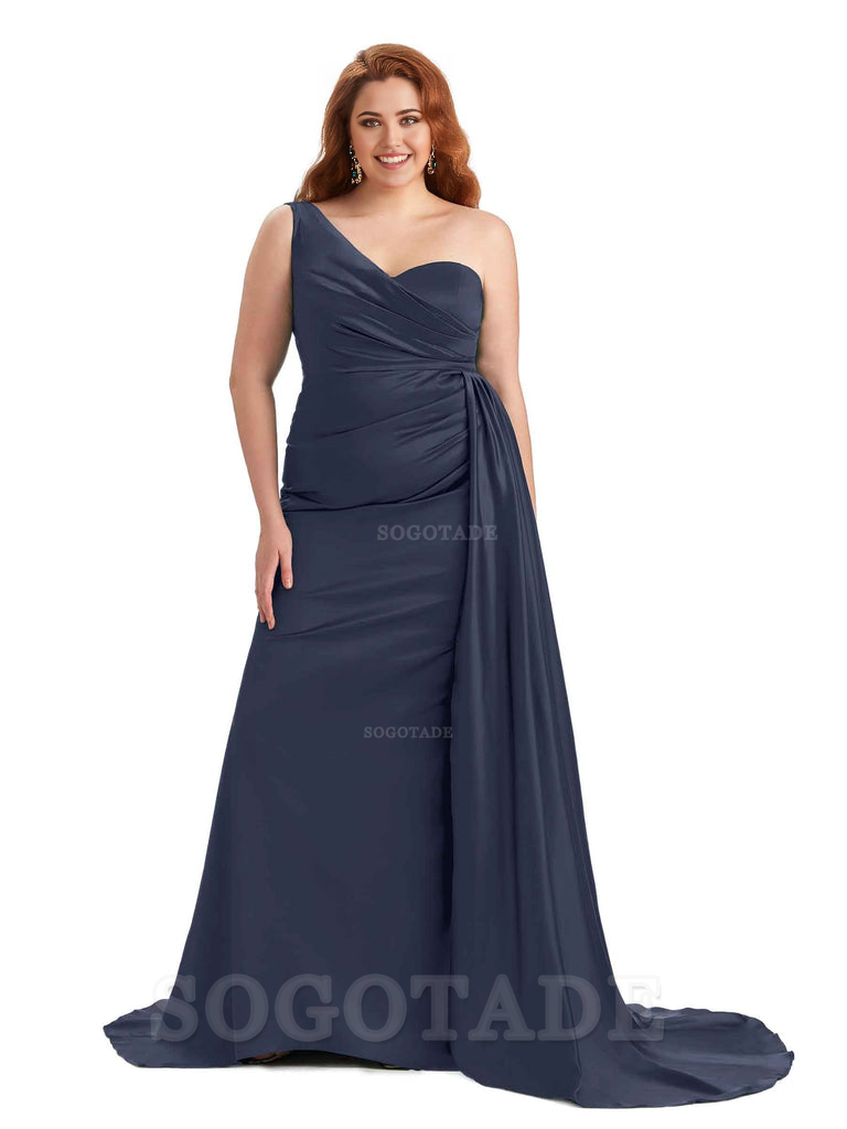 Sexy One Shoulder Sleeveless Mermaid Soft Satin Long Plus Size With Train Bridesmaid Gowns