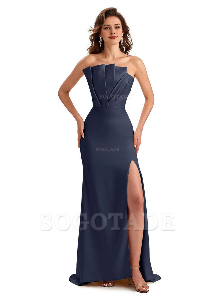Unique Soft Satin Side Slit Asymmetrical Neckline Mermaid Long Bridesmaid Dresses