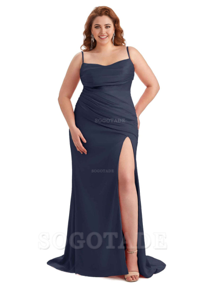 Sexy Side Slit Spaghetti Straps Mermaid Soft Satin Long Plus Size Bridesmaid Dress For Wedding