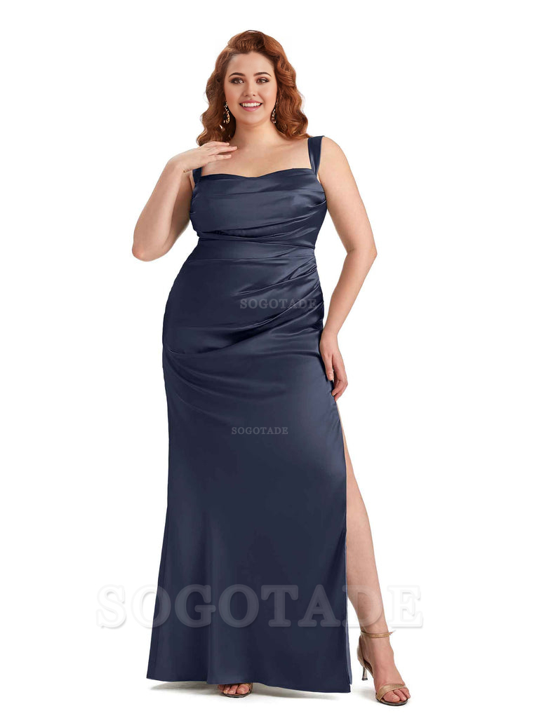 Sexy Side Slit Mermaid Wide Straps Soft Satin Long Plus Size Maid of Bridesmaid Dresses