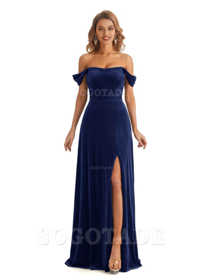 Elegant Mermaid Off The Shoulder Unique Velvet Side Slit Backless Long Bridesmaid Dresses Formal Wear Dresses
