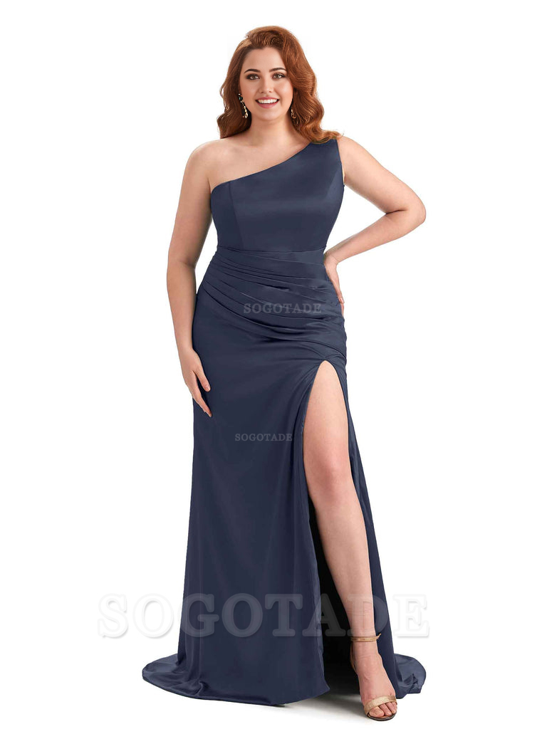 One Shoulder Sexy Side Slit Sleeveless Mermaid Soft Satin Long Plus Size Bridesmaid Dress For Wedding