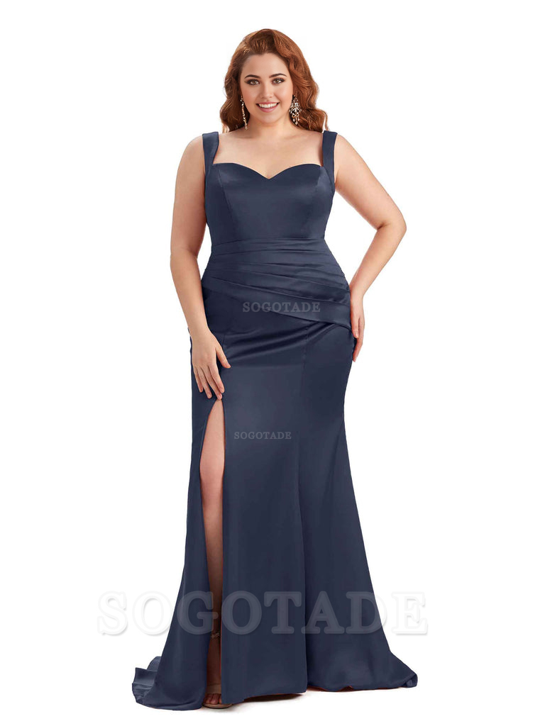Sexy Side Slit Sleeveless Mermaid Straps Soft Satin Long Plus Size Maid of Bridesmaid Dresses