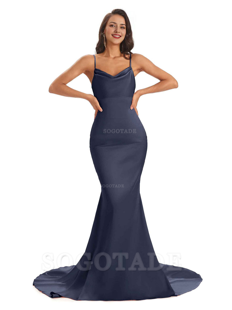 Sexy Backles Soft Satin Spaghetti Straps Maxi Mermaid Bridesmaid Dresses Online prom shop dresses