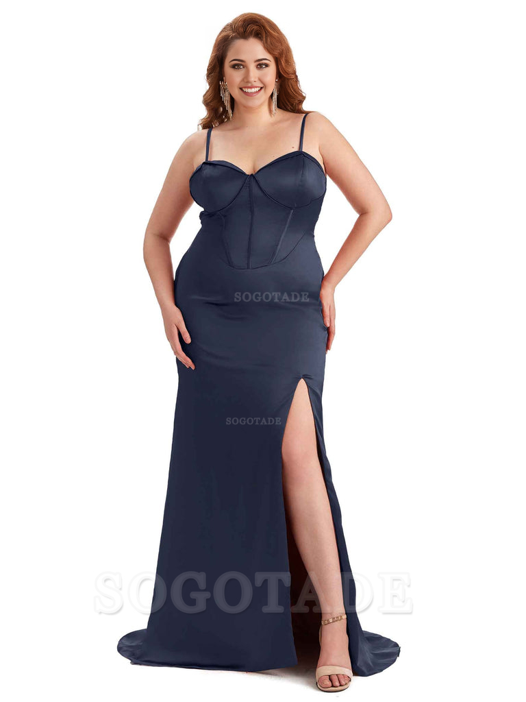 Sexy Spaghetti Straps Side Slit Sleeveless Mermaid Soft Satin Long Bridesmaid Dress Plus Size Dress To Wear to a Wedding