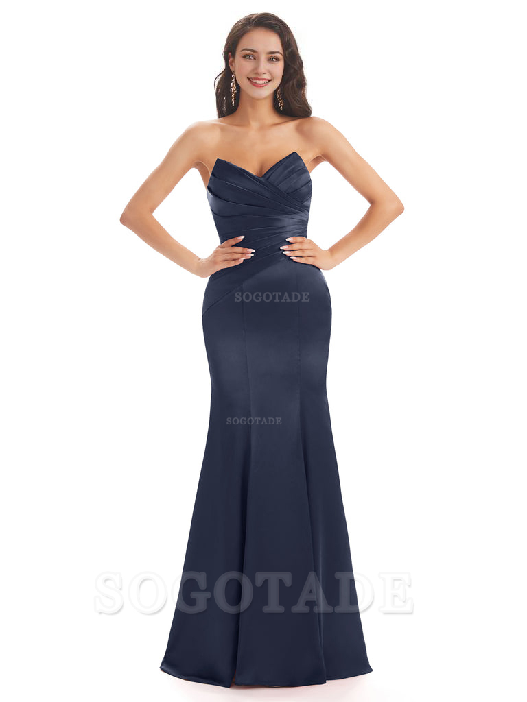 Simple Strapless Sweetheart Soft Satin Mermaid Long Bridesmaid Dresses prom shop dresses