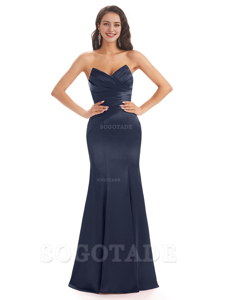 Simple Strapless Sweetheart Soft Satin Mermaid Long Bridesmaid Dresses prom shop dresses