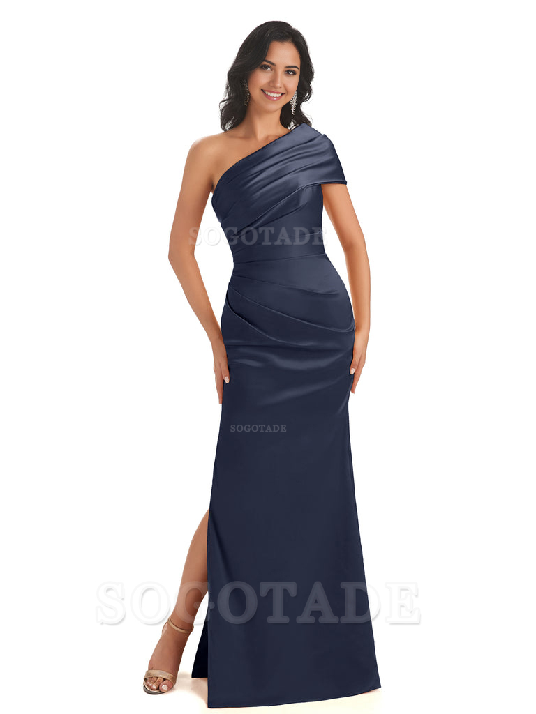 Mermaid One Shoulder Satin Long formal dresses evening gown Bridesmaid Dresses With Side Slit 