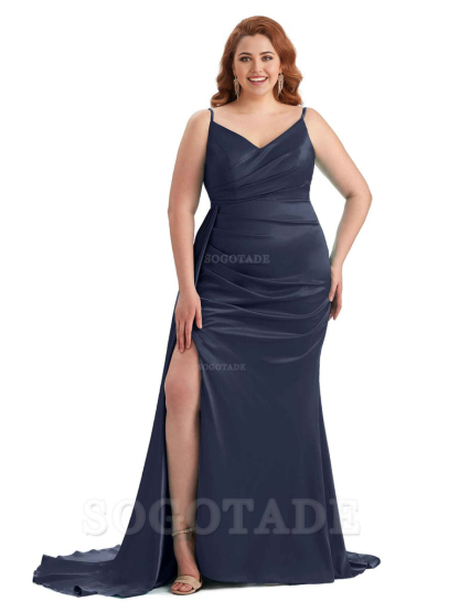 Sexy Side Slit Mermaid Spaghetti Straps V Neck Soft Satin Long Plus Size Maid of Honor Dresses 