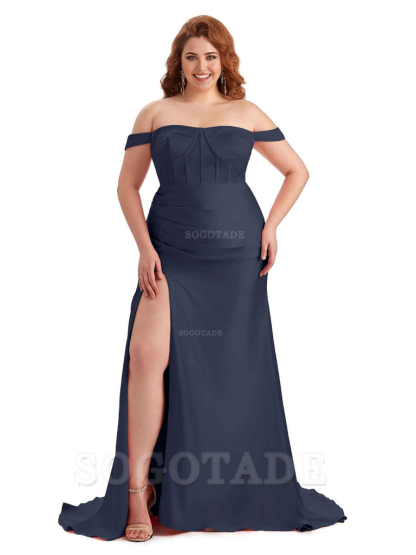 Elegant Off The Shoulder Side Slit Mermaid Soft Satin Floor Length Long Plus Size Bridesmaid Gowns