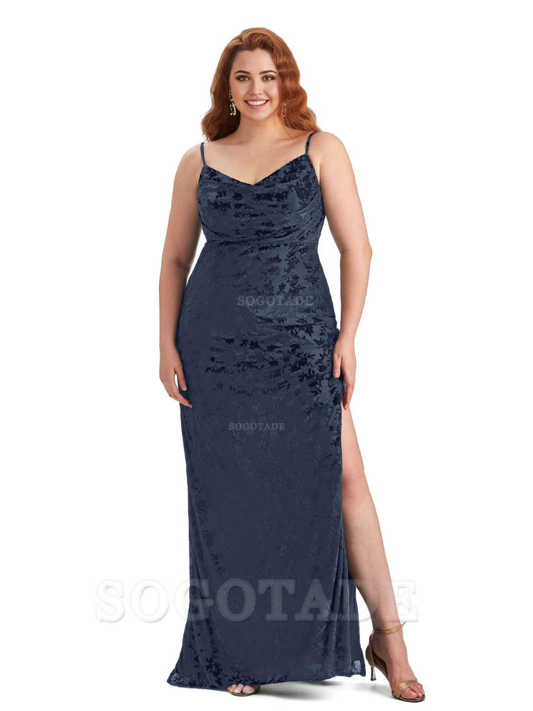 Sexy Side Slit Spaghetti Straps Mermaid Floral Velvet Long Plus Size Bridesmaid Dresses For Wedding