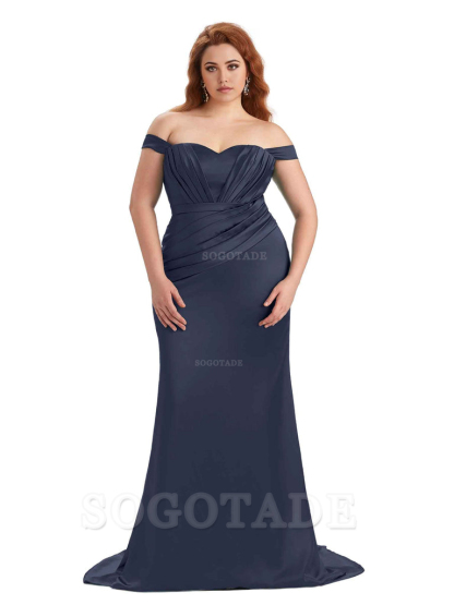 Sexy Mermaid Off The Shoulder Sweetheart Soft Satin Floor Length Long Plus Size Maid of Honor Dresses