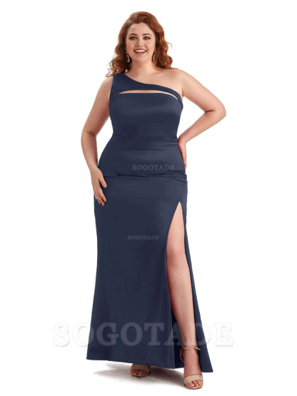 Sexy Mermaid Sleeveless One Shoulder Side Slit Soft Satin Long Plus Size Bridesmaid Dress For Wedding