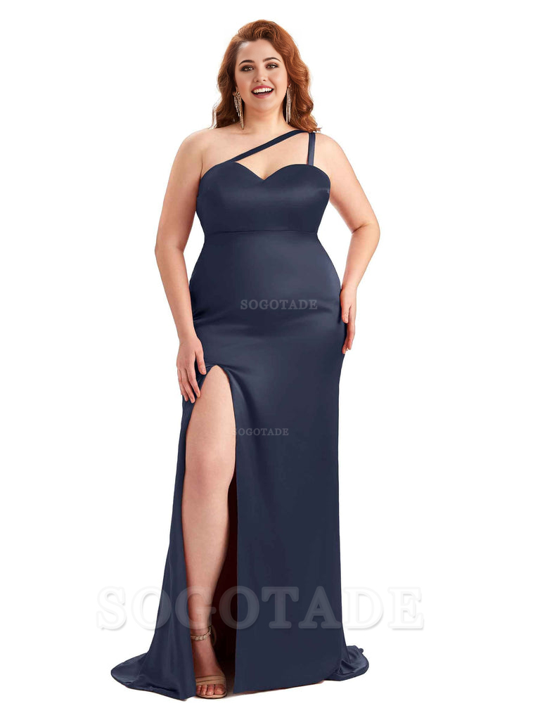 Sexy Side Slit Sleeveless Mermaid One Shoulder Soft Satin Long Plus Size Bridesmaid Dress For Wedding