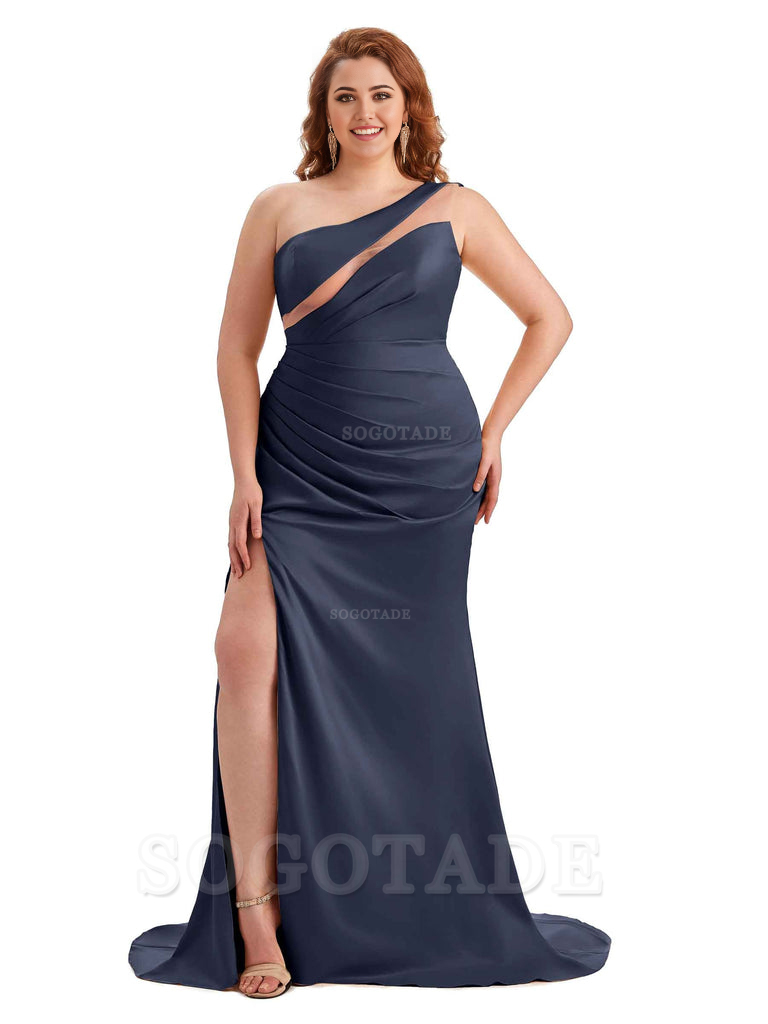Sexy Unique Sleeveless One Shoulder Side Hight Slit Mermaid Soft Satin Long Plus Size Maid of Honour Dresses