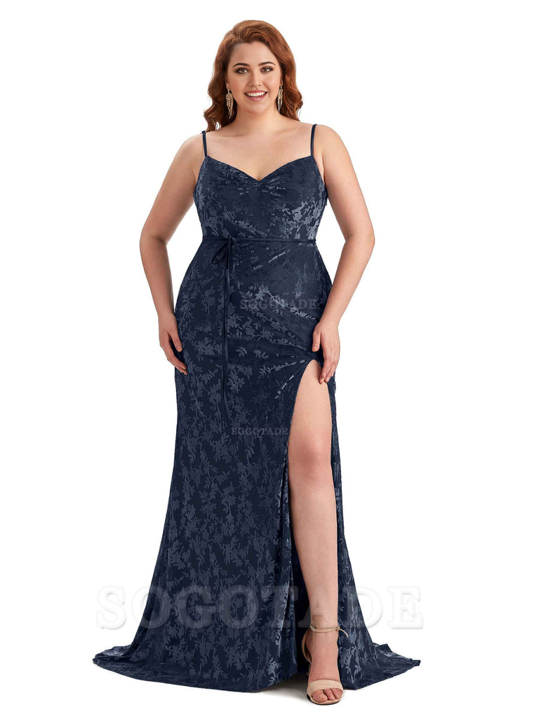 Sexy Side Hight Split Sleeveless Mermaid Spaghetti Straps Floral Velvet Long Plus Size Bridesmaid Gowns