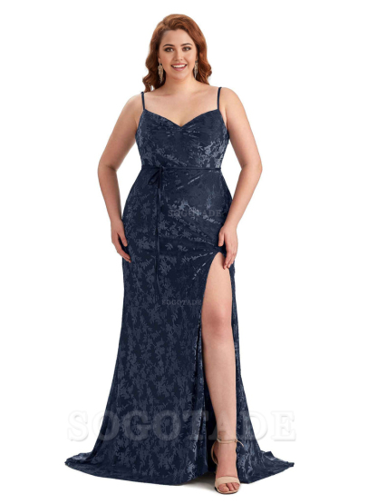 Sexy Side Hight Split Sleeveless Mermaid Spaghetti Straps Floral Velvet Long Plus Size Bridesmaid Gowns