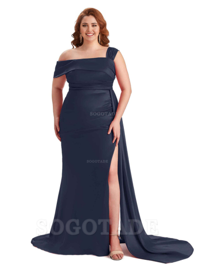 Sexy Side Hight Slit One Shoulder Mermaid Soft Satin Long Plus Size With Train Matron of Honor Dresses