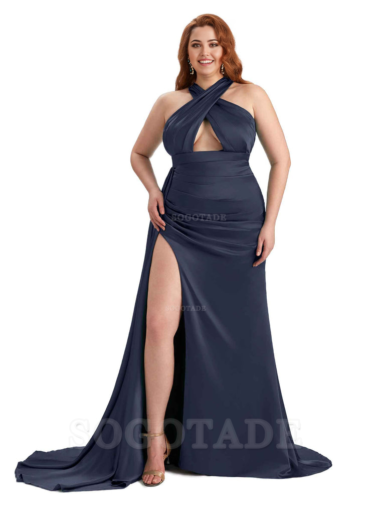 Sexy Halter Side Hight Slit Sleeveless Mermaid Soft Satin Long Plus Size Bridesmaid Dress For Wedding