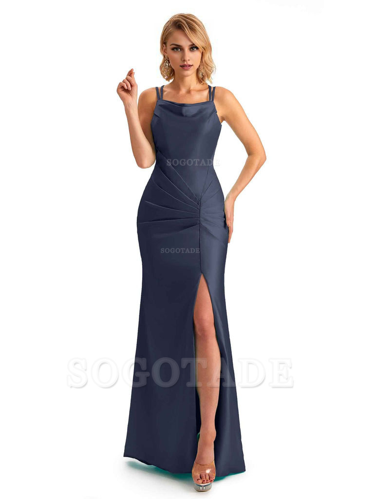 Soft Satin Spaghetti Straps Side Slit Long Unique Mermaid Beautiful Dresses For Wedding