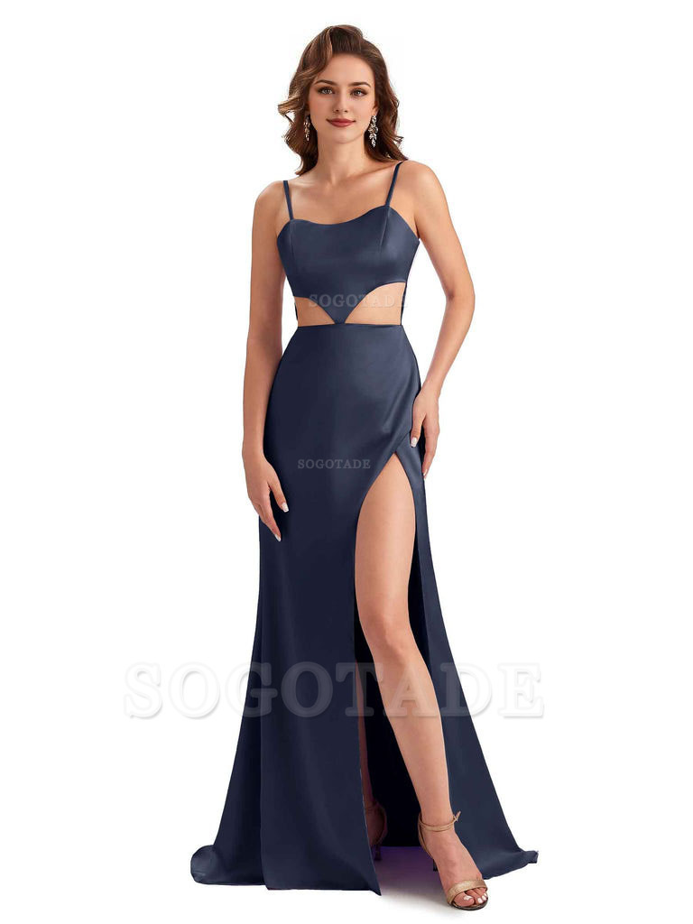 Sexy Satin Side Slit Spaghetti Straps Mermaid Long Unique Curve Wedding Guest Dresses