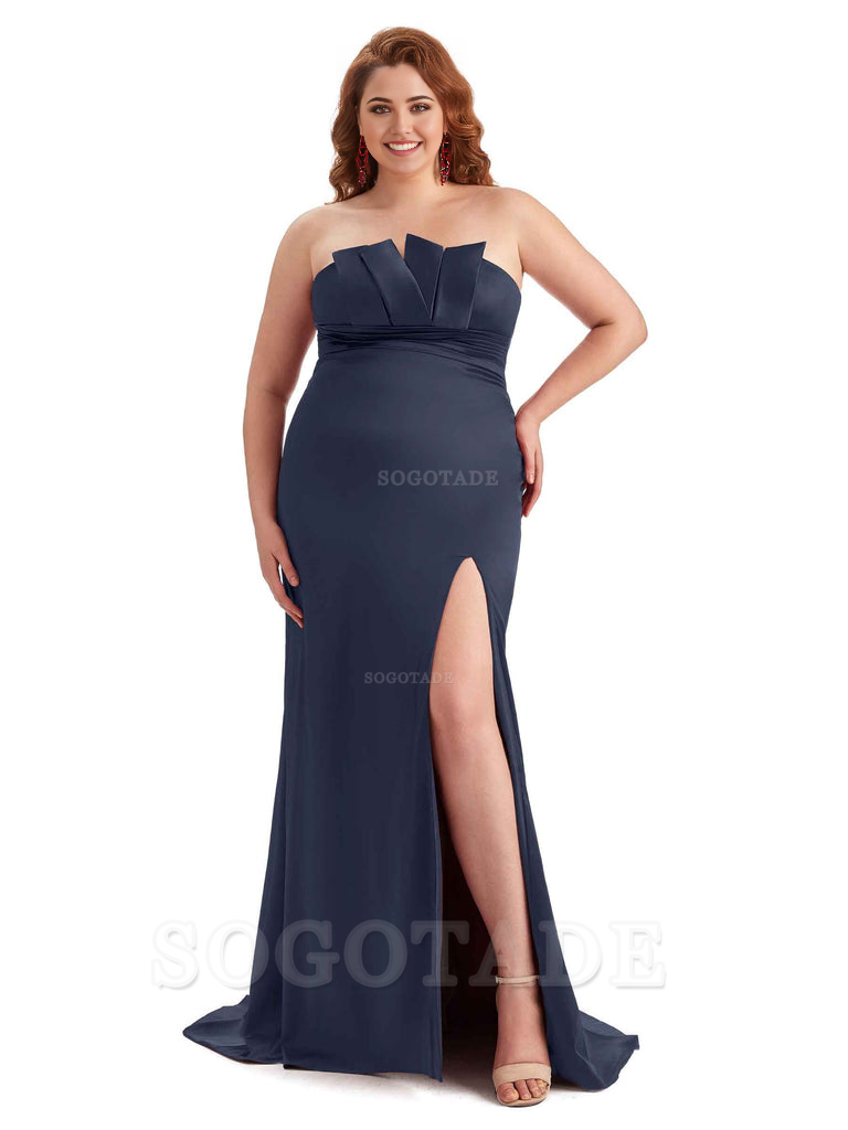 Sexy Side Slit Sleeveless Mermaid Soft Satin Long Plus Size Wedding Party Dresses For Wedding