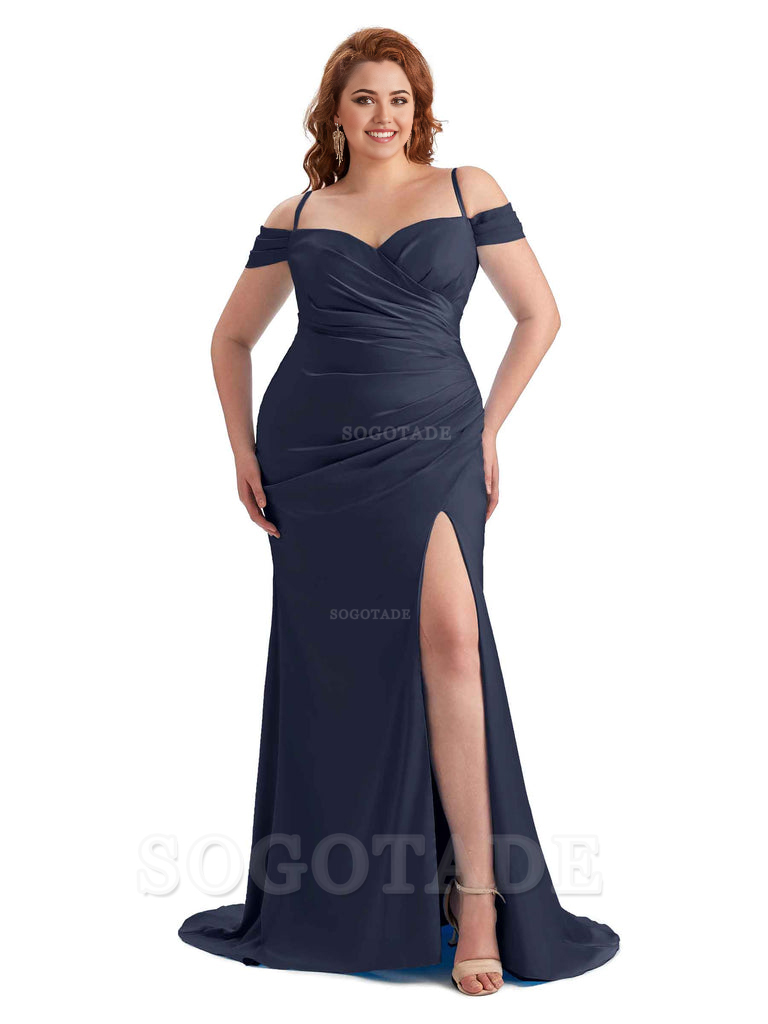 Sexy Side Slit Sleeveless Cold Shoulder Mermaid Soft Satin Long Plus Size Maid of Honor Dresses