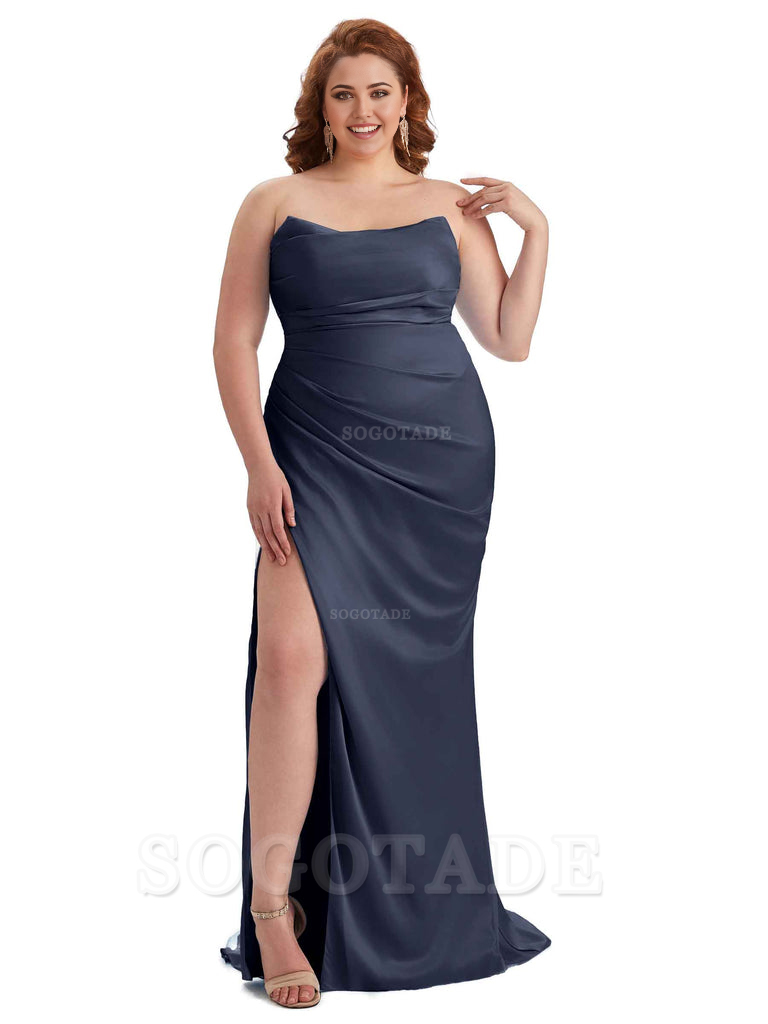 Sexy Side Slit Sleeveless Strapless Mermaid Soft Satin Long Plus Size Bridesmaid Dresses For Wedding
