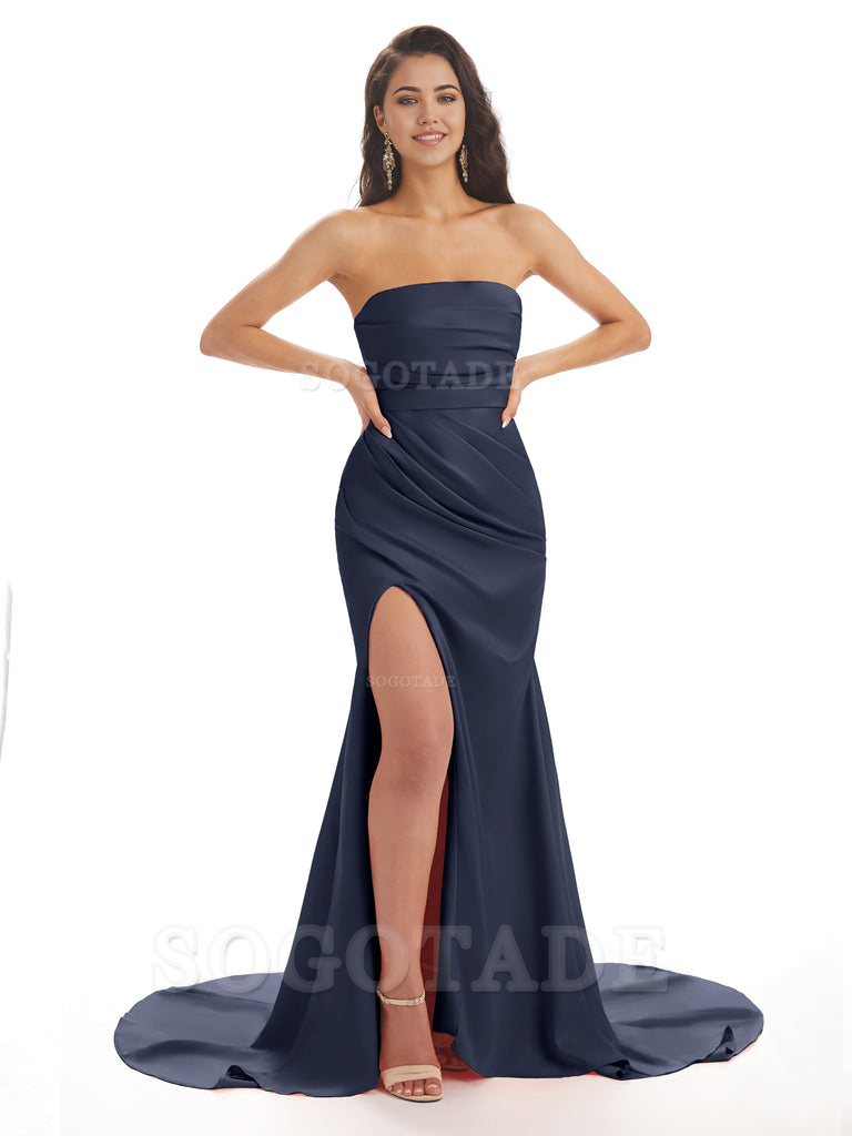 Mermaid Strapless Floor-Length Satin formal dresses evening gown Bridesmaid Dresses With Side Slit 