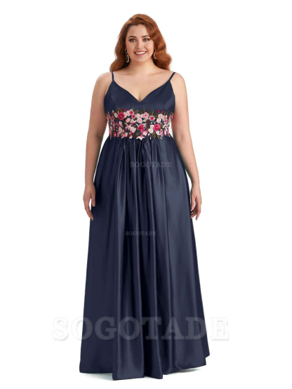Unique Lace Spaghetti Straps Sleeveless Soft Satin Long Plus Size Bridesmaid Dress For Wedding