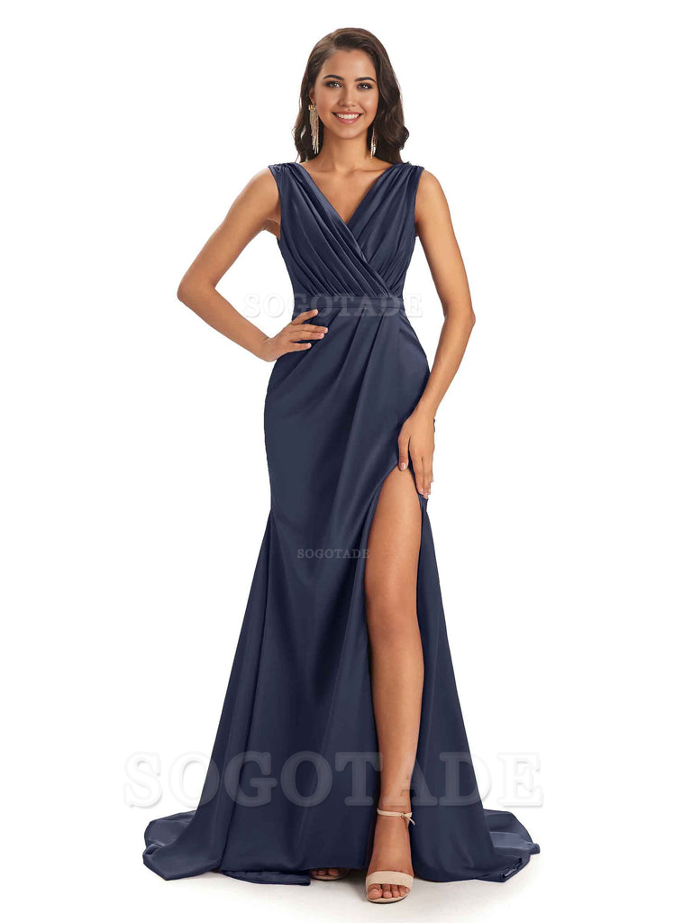 A-line V-neck Floor-Length Satin formal dresses evening gown Bridesmaid Dresses With Side Slit 