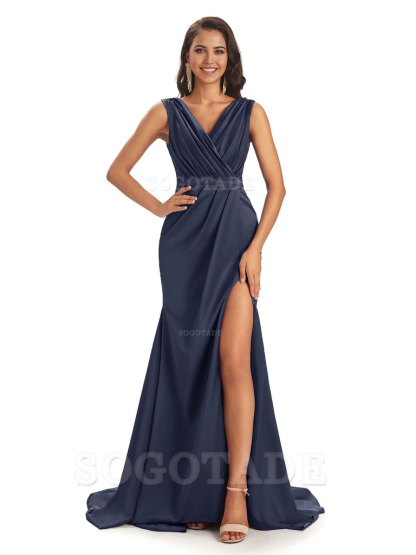 A-line V-neck Floor-Length Satin formal dresses evening gown Bridesmaid Dresses With Side Slit 