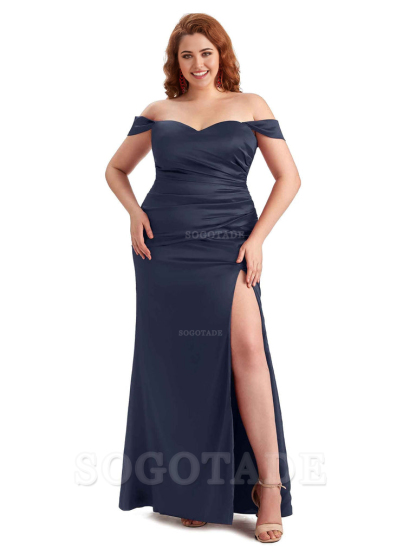 Sexy Off The Shoulder Sleeveless Side Slit Mermaid Soft Satin Long Plus Size Bridesmaid Dresses