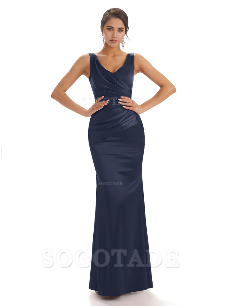 Sheath Sleeveless V-neck Floor-Length Satin formal dresses evening gown Bridesmaid Dresses With Pleats 