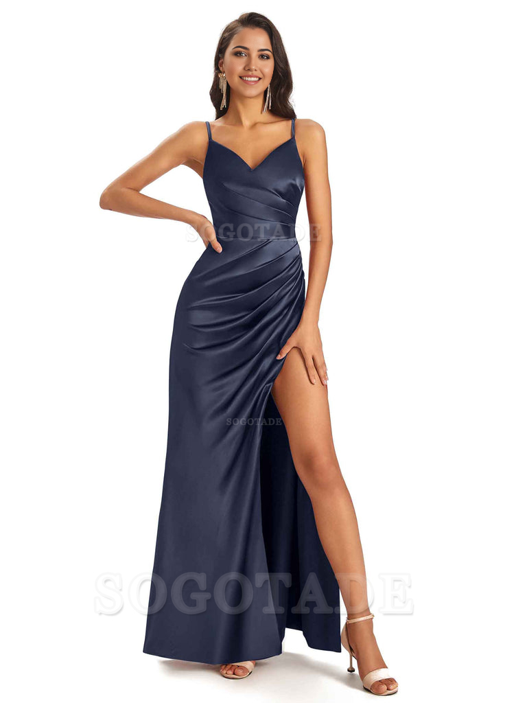 Sheath V-Neck Spaghetti Straps formal dresses evening gown Bridesmaid Dresses With Side Slit 