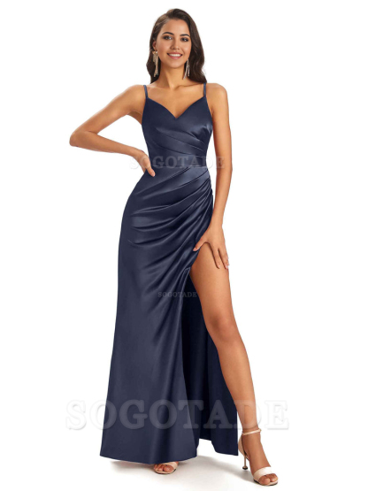 Sheath V-Neck Spaghetti Straps formal dresses evening gown Bridesmaid Dresses With Side Slit 