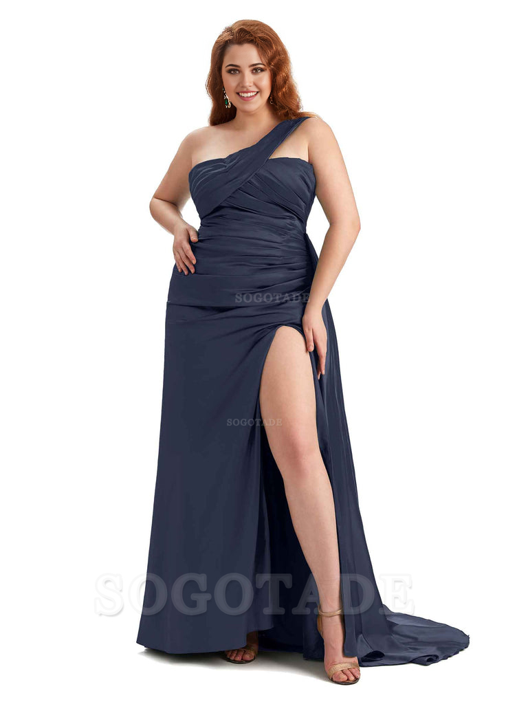  One Shoulder Sleeveless Sexy Side Hight Slit Mermaid Soft Satin Long Plus Size Bridesmaid Gowns