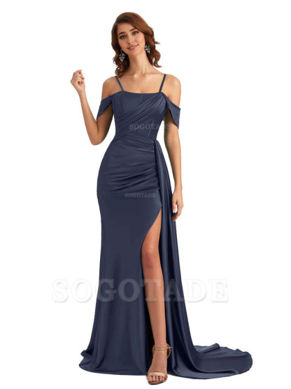 Sexy Side Slit Cold Shoulder Mermaid Satin Chic Long Wedding Guest Dresses