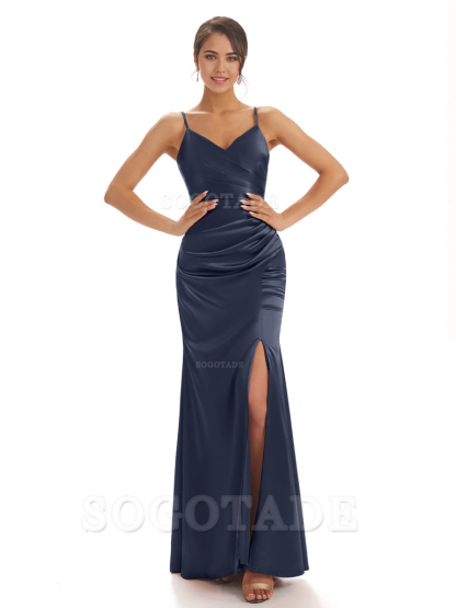Spaghetti Straps Pleats Satin formal dresses evening gown Bridesmaid Dresses With Side Slit 