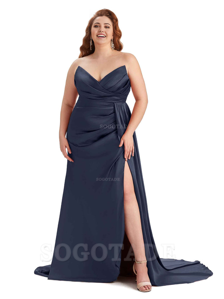 Sexy V-neck Side Slit Sleeveless Mermaid Soft Satin Long Plus Size Bridesmaid Gowns