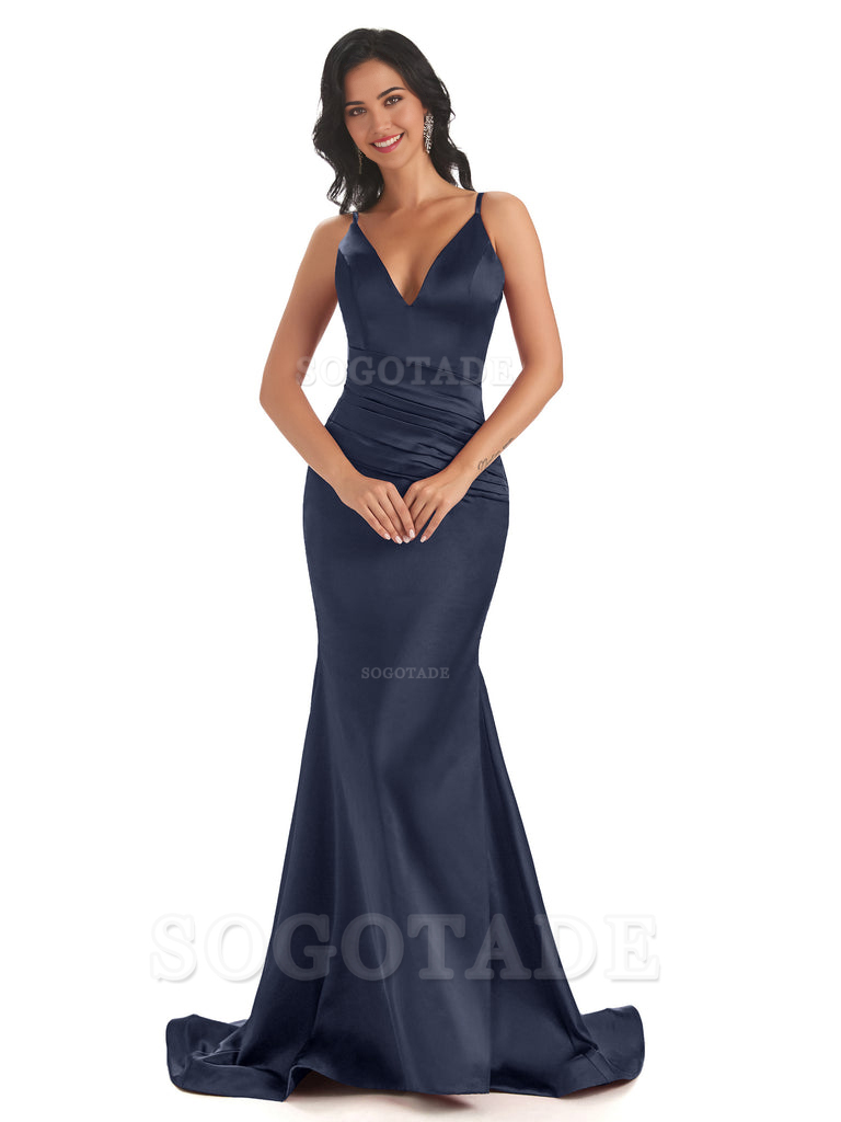 Mermaid Spaghetti V-Neck Straps Satin Long formal dresses evening gown Bridesmaid Dresses With Side Slit 