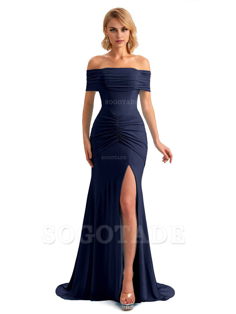 Elegant Mermaid Off The Shoulder Side Slit Stretchy Jersey Long Formal Bridesmaid Dresses