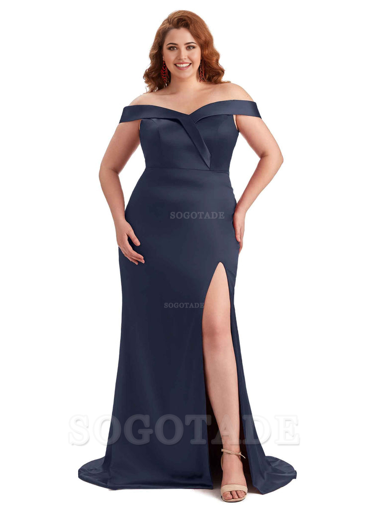 Elegant Off The Shoulder Sleeveless Side Slit Mermaid Soft Satin Long Plus Size Bridesmaid Gowns