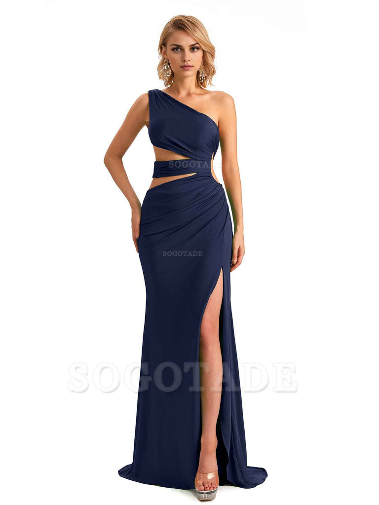 Elegant Mermaid One Shoulder Side Slit Stretchy Jersey Long Formal Bridesmaid Dresses