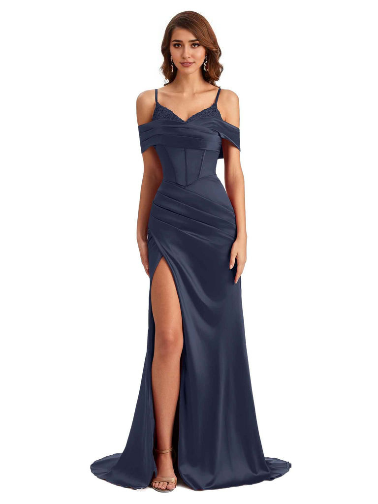  Sexy Side Slit Mermaid Silky Satin V-Neck Cold Shoulder Unique Nice Wedding Guest Dresses