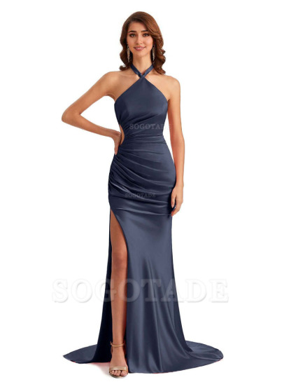 Sexy Halter Mermaid Silky Satin Unique Long Formal Wedding Guest Dresses