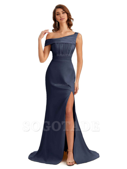 Elegant Asymmetrical Neck Soft Satin Side Slit Long Mermaid Bridesmaid Dresses